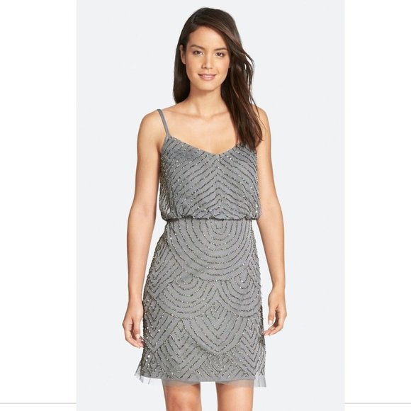 NEW Adrianna Papell Art Deco Sequin‎ Blouson Dress in Grey/Silver [SZ 14 ] - Picture 5 of 13
